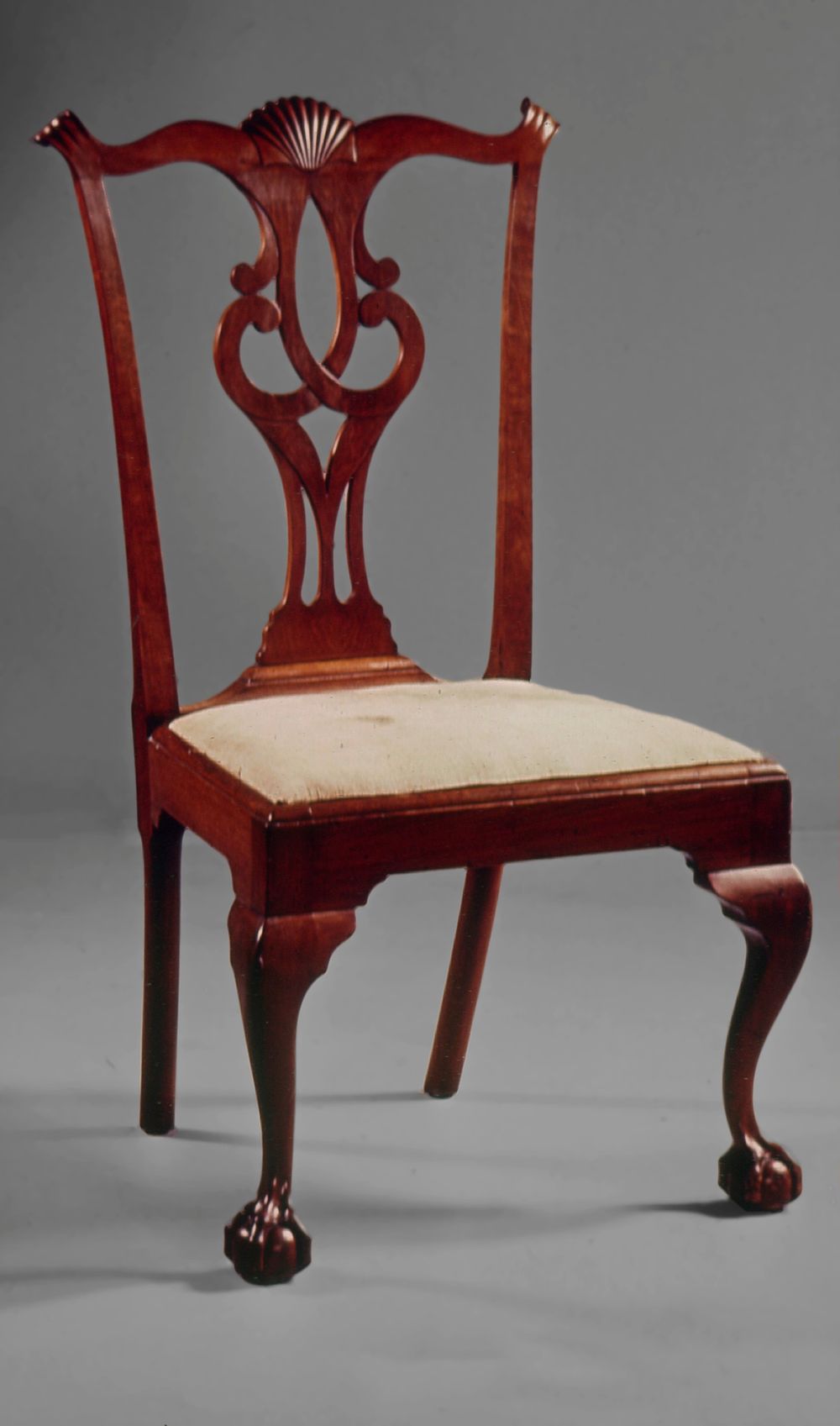 Pair of side chairs by Eliphalet Chapin, East Windsor, Connecticut, 1781. Mahogany with carved shell crest, pierced ribbon splat, and claw-and-ball feet. Mabel Brady Garvan Collection, Yale University Art Gallery.